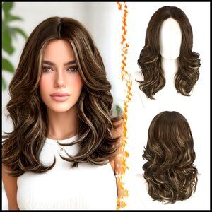 Short Wavy Synthetic Wig with Curtain Bangs Layered Daily Party Wear